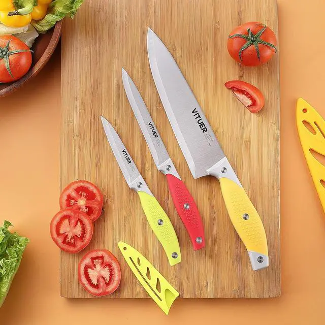 Alt view image 4 of 7 - VITUER Chef Knife, 3PCS Kitchen Knife, Multicolor Stainless Steel Sharp Chef Knife Set (3Pack, Yellow, Red, Green)