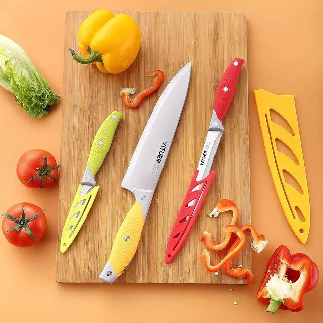 Alt view image 7 of 7 - VITUER Chef Knife, 3PCS Kitchen Knife, Multicolor Stainless Steel Sharp Chef Knife Set (3Pack, Yellow, Red, Green)