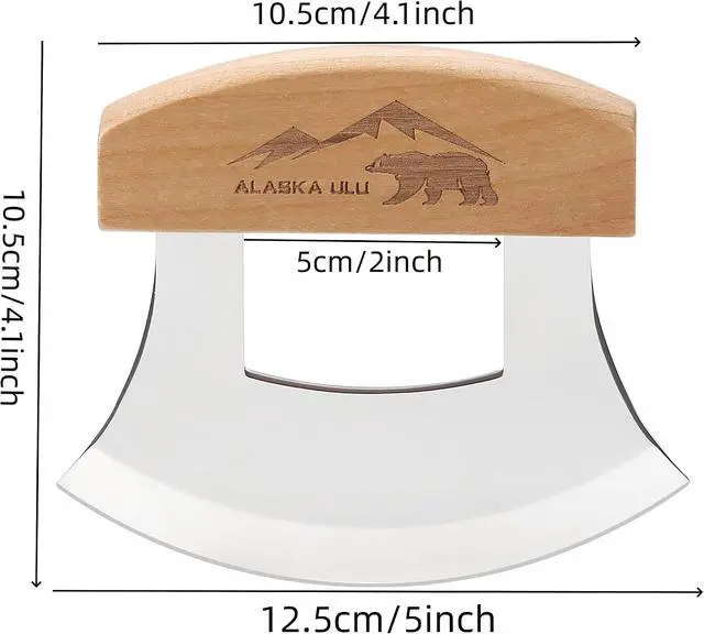 Alt view image 2 of 7 - 5inch Alaskan Mezzaluna Ulu Knife, Salad Veggies Rocker Chopper Slicer Cutter Hashing Chopping Mincing Cleaver with Wooden Stand Arthritic Tool