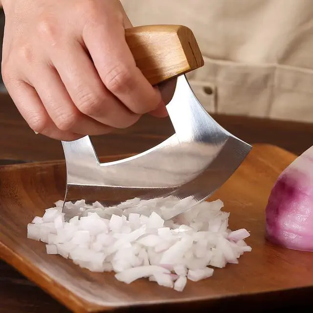 Alt view image 3 of 7 - 5inch Alaskan Mezzaluna Ulu Knife, Salad Veggies Rocker Chopper Slicer Cutter Hashing Chopping Mincing Cleaver with Wooden Stand Arthritic Tool
