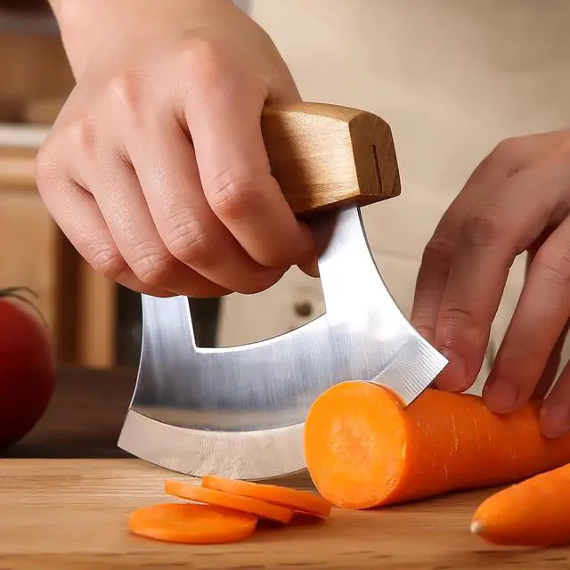Alt view image 4 of 7 - 5inch Alaskan Mezzaluna Ulu Knife, Salad Veggies Rocker Chopper Slicer Cutter Hashing Chopping Mincing Cleaver with Wooden Stand Arthritic Tool
