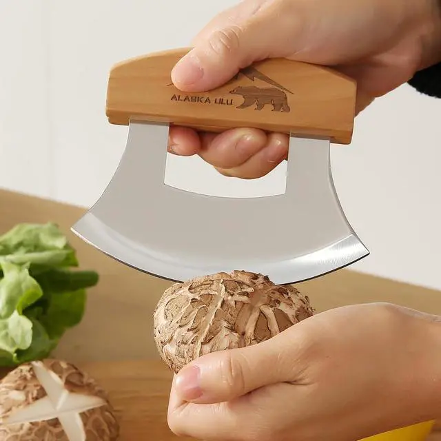 Alt view image 5 of 7 - 5inch Alaskan Mezzaluna Ulu Knife, Salad Veggies Rocker Chopper Slicer Cutter Hashing Chopping Mincing Cleaver with Wooden Stand Arthritic Tool