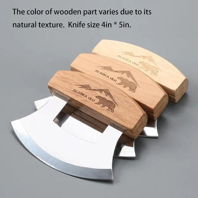 Alt view image 6 of 7 - 5inch Alaskan Mezzaluna Ulu Knife, Salad Veggies Rocker Chopper Slicer Cutter Hashing Chopping Mincing Cleaver with Wooden Stand Arthritic Tool