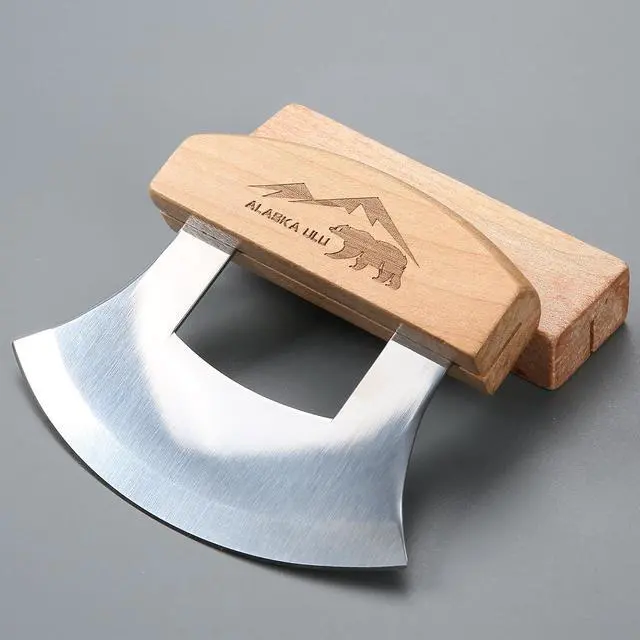 Alt view image 7 of 7 - 5inch Alaskan Mezzaluna Ulu Knife, Salad Veggies Rocker Chopper Slicer Cutter Hashing Chopping Mincing Cleaver with Wooden Stand Arthritic Tool