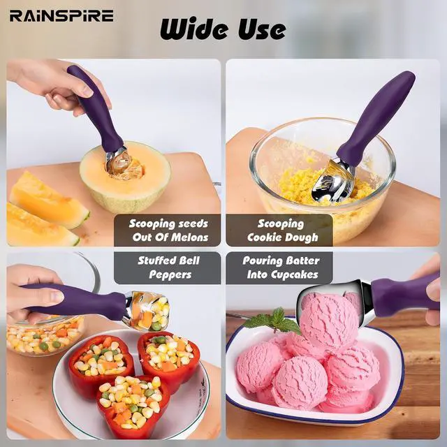 Alt view image 4 of 6 - Rainspire Ice Cream Scoop Stainless Steel with Comfortable Handle, Ice Cream Scooper Heavy Duty, Ice Cream Spade Great for Spooning Frozen Hard Gelato and Sorbet, Cookie Dough, Melon, Purple