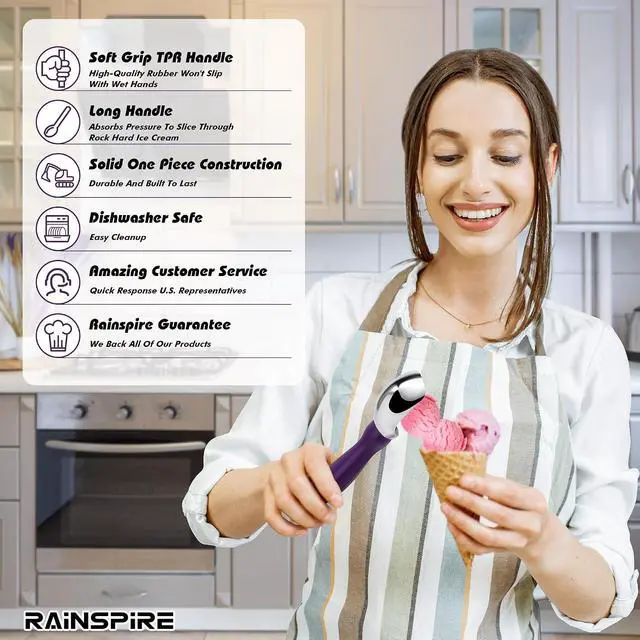 Alt view image 6 of 6 - Rainspire Ice Cream Scoop Stainless Steel with Comfortable Handle, Ice Cream Scooper Heavy Duty, Ice Cream Spade Great for Spooning Frozen Hard Gelato and Sorbet, Cookie Dough, Melon, Purple