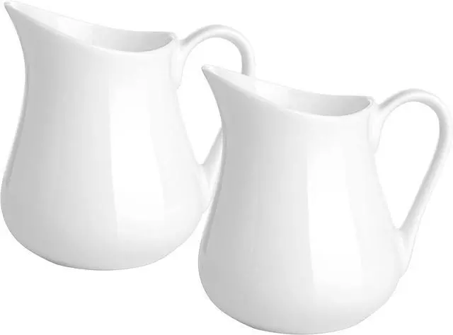 Main image of Gurygo 2 Pack 4 Oz Classic White Ceramic Small Creamer Pitcher with Handle- Fine Porcelain Small Milk Pitcher - Ceramic Creamer Container for Coffee Milk Sauces Salad, Microwave & Freezer Safe