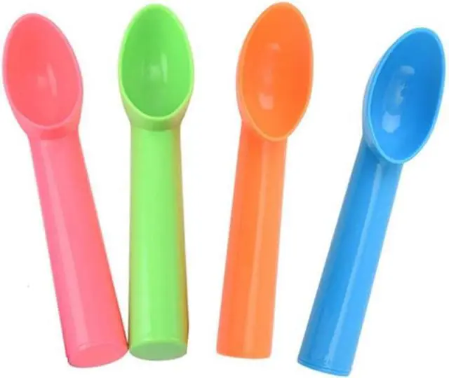 Main image of 4 Pack Plastic Ice Cream Scoop Nonstick Anti-Freeze Ice Cream Scooper for Fruits, Watermelon, Yogurt, Melon Ball, Sorbet Spoon Kitchen Tool (Orange, Green, Blue, Pink)