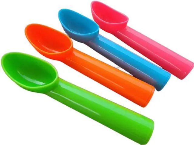 Alt view image 3 of 7 - 4 Pack Plastic Ice Cream Scoop Nonstick Anti-Freeze Ice Cream Scooper for Fruits, Watermelon, Yogurt, Melon Ball, Sorbet Spoon Kitchen Tool (Orange, Green, Blue, Pink)