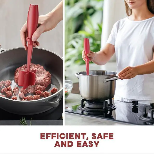 Alt view image 6 of 7 - Meat Chopper, Upgrade Hamburger Smasher, Premium Heat Resistant Meat Masher for Ground Beef, Ground Turkey and More, Non Stick Mix Grinder-Red