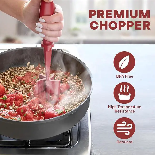 Alt view image 5 of 7 - Meat Chopper, Upgrade Hamburger Smasher, Premium Heat Resistant Meat Masher for Ground Beef, Ground Turkey and More, Non Stick Mix Grinder-Red