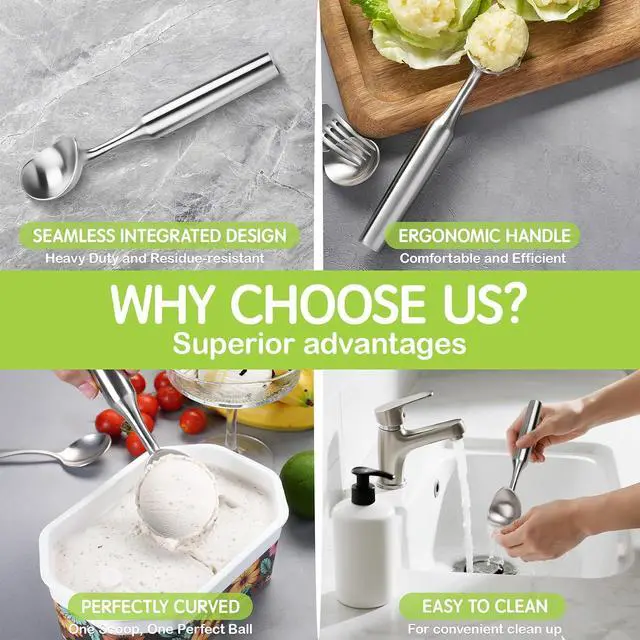 Alt view image 6 of 7 - Ice Cream Scoop, 7.9 inches One-Piece Design Stainless Steel Scooper for Cookie Dough,Gelato, Sorbet,Heavy Duty with Comfort Handle, Dishwasher Safe