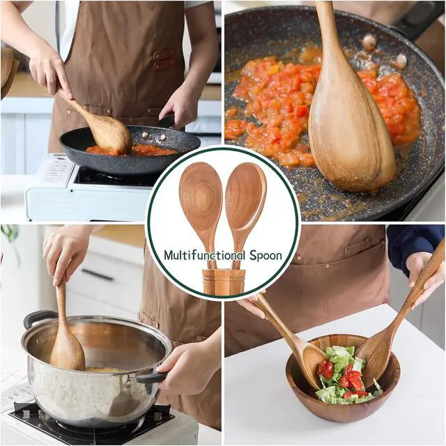 Alt view image 6 of 7 - Wood Spoon, Healthy Acacia Wooden Cooking Spoons, Durable Kitchen Serving Spoon Scooper, Non Scratch Wood Ladle Tableware For Cooking, Serving Salad, Stirring Soup, Easy to use