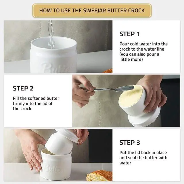 Alt view image 3 of 6 - Sweejar Porcelain Butter Keeper Crock, French Butter Dish with Water Line, Ceramic Butter Container for soft butter (White)