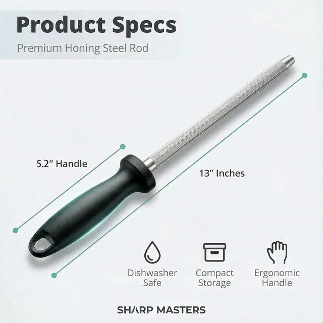 Alt view image 2 of 7 - Knife Sharpener Rod, 13 Inch Carbon Steel Honing Steel for Kitchen Knives, Professional Magnetized Sharpening Stick with Nickel-Chrome Plating, Easy Grip Tool for Chef Knives