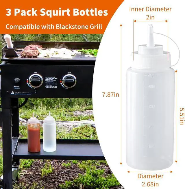 Alt view image 6 of 7 - Squirt Bottles Compatible with Blackstone Grill - 16 OZ Empty Squeeze Bottles with Cap, Non-Leakage, Squeeze Bottle for Water, Oil, Sauces, BBQ Griddle Accessories for Cooking and Basting, 3 Pack