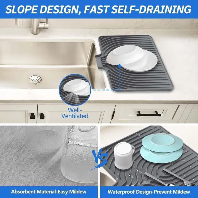 Alt view image 4 of 7 - Dish Drying Mat for Kitchen Counter, with Built-in Drain Lip, Food-Grade Silicone, Easy Clean Pad for Countertop Protection, Multi-Functional Use (14.7x10.2, Grey)