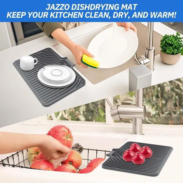 Alt view image 5 of 7 - Dish Drying Mat for Kitchen Counter, with Built-in Drain Lip, Food-Grade Silicone, Easy Clean Pad for Countertop Protection, Multi-Functional Use (14.7x10.2, Grey)