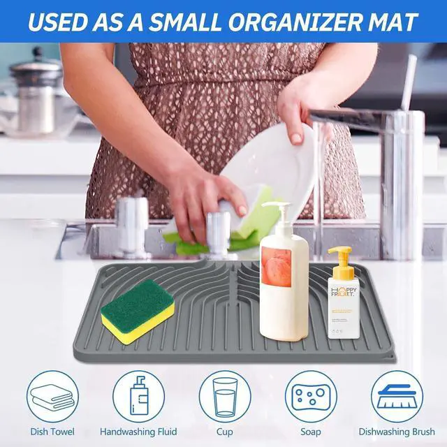 Alt view image 6 of 7 - Dish Drying Mat for Kitchen Counter, with Built-in Drain Lip, Food-Grade Silicone, Easy Clean Pad for Countertop Protection, Multi-Functional Use (14.7x10.2, Grey)