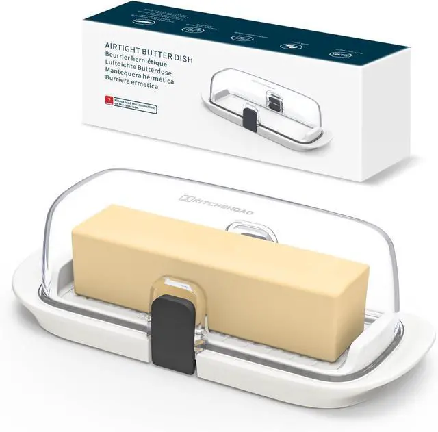 Main image of KITCHENDAO One-handed Airtight Butter Dish with Lid for Countertop and Refrigerator Door Shelf, Butter Holder with One Press to Open/Close Secure Latching Buckle for West/East Coast Butter (White)