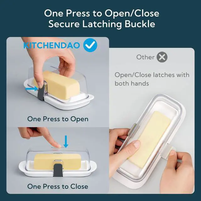 Alt view image 2 of 7 - KITCHENDAO One-handed Airtight Butter Dish with Lid for Countertop and Refrigerator Door Shelf, Butter Holder with One Press to Open/Close Secure Latching Buckle for West/East Coast Butter (White)