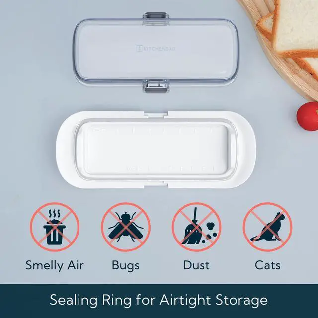 Alt view image 3 of 7 - KITCHENDAO One-handed Airtight Butter Dish with Lid for Countertop and Refrigerator Door Shelf, Butter Holder with One Press to Open/Close Secure Latching Buckle for West/East Coast Butter (White)