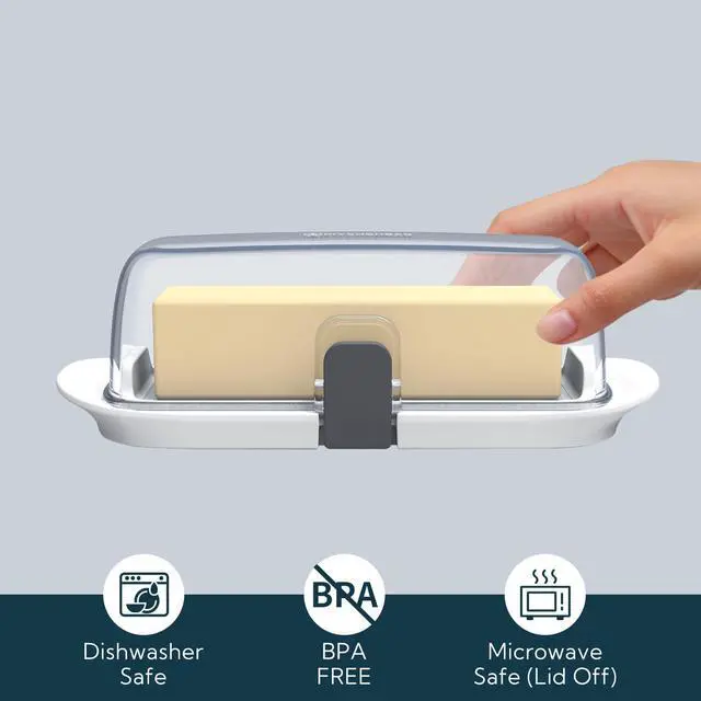 Alt view image 7 of 7 - KITCHENDAO One-handed Airtight Butter Dish with Lid for Countertop and Refrigerator Door Shelf, Butter Holder with One Press to Open/Close Secure Latching Buckle for West/East Coast Butter (White)