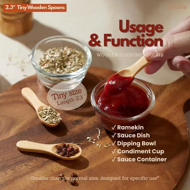 Alt view image 2 of 6 - 2.3 Inch Tiny Wooden Spoons (5 Pcs) Handmade Mini Spoon for Condiments, Sauces, Salt, Sugar, Spices, Dips, Seasonings, Herbs, Garnishes