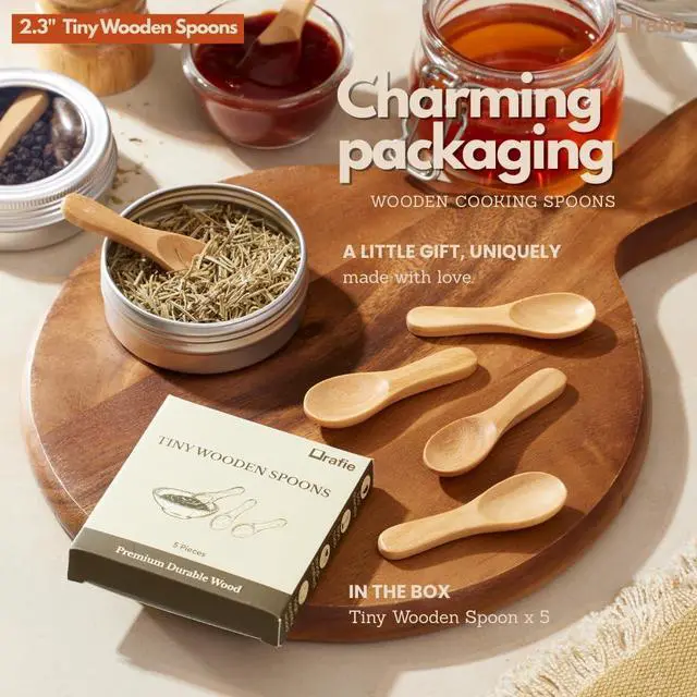 Alt view image 5 of 6 - 2.3 Inch Tiny Wooden Spoons (5 Pcs) Handmade Mini Spoon for Condiments, Sauces, Salt, Sugar, Spices, Dips, Seasonings, Herbs, Garnishes