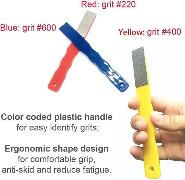 Alt view image 3 of 7 - Diamond Color Coded Mini Diamond Hone Kit 3Grits #220,400,600 Flat Hand File Knife Sharpener Red/Yellow/Blue - 3pcs