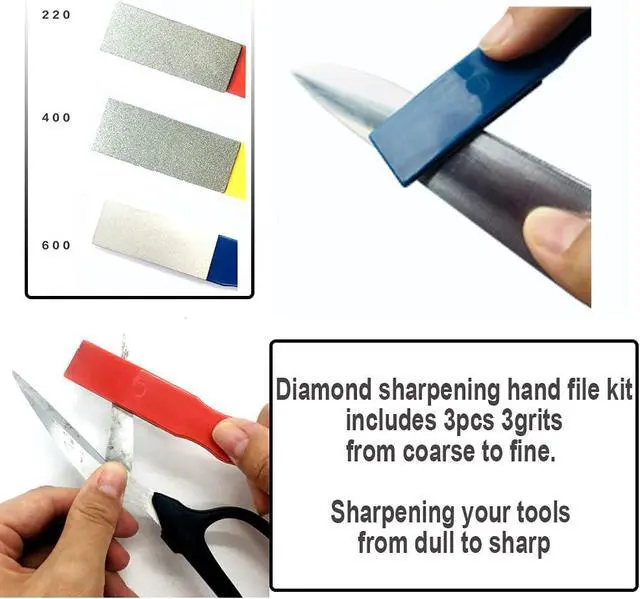 Alt view image 4 of 7 - Diamond Color Coded Mini Diamond Hone Kit 3Grits #220,400,600 Flat Hand File Knife Sharpener Red/Yellow/Blue - 3pcs