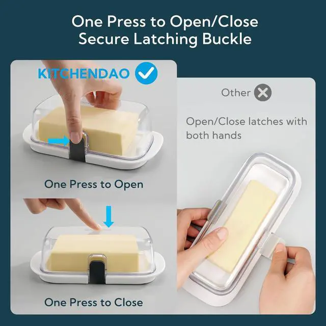 Alt view image 2 of 7 - KITCHENDAO Large One-handed Butter Dish with Lid for Countertop, Airtight Butter Holder with One Press to Open/Close Secure Latching Buckle for East Coast/West Coast/European/Kerrygold Butter(White)