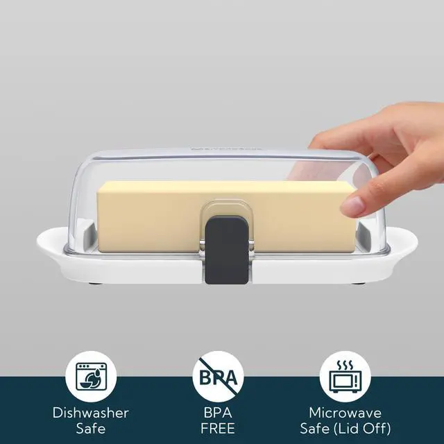 Alt view image 7 of 7 - KITCHENDAO Large One-handed Butter Dish with Lid for Countertop, Airtight Butter Holder with One Press to Open/Close Secure Latching Buckle for East Coast/West Coast/European/Kerrygold Butter(White)