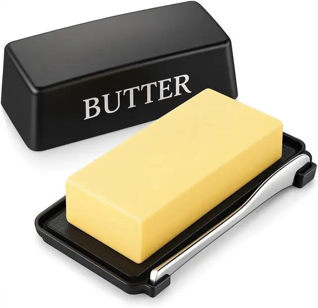 Main image of Butter Dish With Cover And Knife,Food Grade Plastic Butter Holder With Lid For Countertop,Black Dishwasher Safe Butter Storage Container
