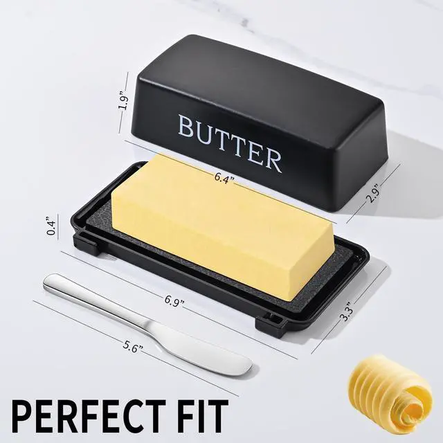 Alt view image 2 of 7 - Butter Dish With Cover And Knife,Food Grade Plastic Butter Holder With Lid For Countertop,Black Dishwasher Safe Butter Storage Container