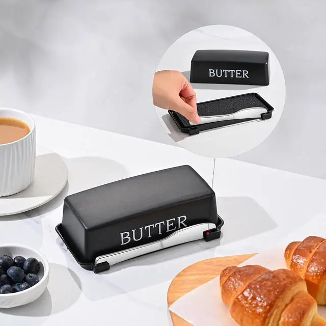 Alt view image 3 of 7 - Butter Dish With Cover And Knife,Food Grade Plastic Butter Holder With Lid For Countertop,Black Dishwasher Safe Butter Storage Container