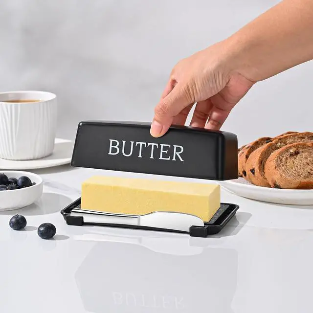 Alt view image 4 of 7 - Butter Dish With Cover And Knife,Food Grade Plastic Butter Holder With Lid For Countertop,Black Dishwasher Safe Butter Storage Container