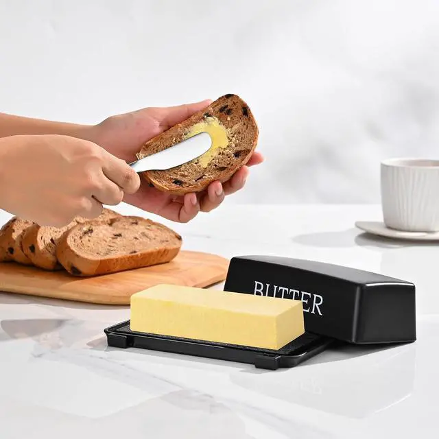 Alt view image 6 of 7 - Butter Dish With Cover And Knife,Food Grade Plastic Butter Holder With Lid For Countertop,Black Dishwasher Safe Butter Storage Container