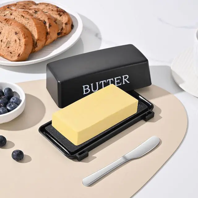 Alt view image 7 of 7 - Butter Dish With Cover And Knife,Food Grade Plastic Butter Holder With Lid For Countertop,Black Dishwasher Safe Butter Storage Container