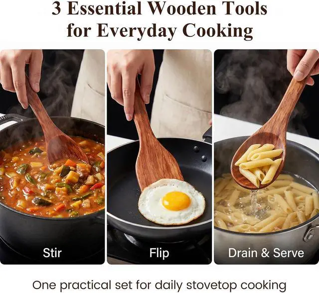Alt view image 2 of 7 - HANSGO Wooden Spoons for Cooking, 3PCS Kitchen Utensils Set for Nonstick Pans, 12Inch Wooden Spatula for Stirring Frying Mixing, Sturdy & Smooth Edges, Kitchen Gifts for Women, Cooking Gifts for Men