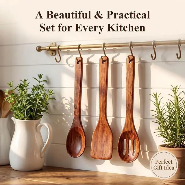Alt view image 7 of 7 - HANSGO Wooden Spoons for Cooking, 3PCS Kitchen Utensils Set for Nonstick Pans, 12Inch Wooden Spatula for Stirring Frying Mixing, Sturdy & Smooth Edges, Kitchen Gifts for Women, Cooking Gifts for Men