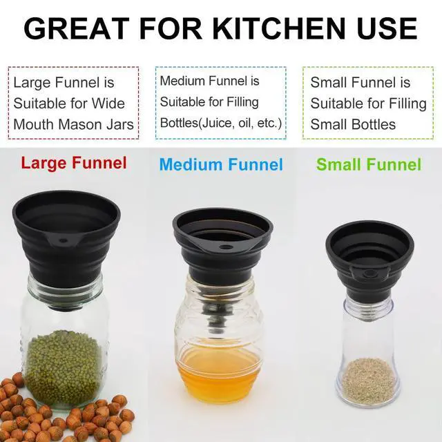 Alt view image 4 of 7 - 3 Sizes of Kitchen Funnel Set, Food Grade Funnels for Filling Bottles, Premium Silicone Collapsible Funnel for Transferring Liquid, Powder Transfer, Large Wide Mouth Canning Funnel, Small Funnel, HPWT