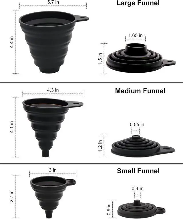 Alt view image 6 of 7 - 3 Sizes of Kitchen Funnel Set, Food Grade Funnels for Filling Bottles, Premium Silicone Collapsible Funnel for Transferring Liquid, Powder Transfer, Large Wide Mouth Canning Funnel, Small Funnel, HPWT