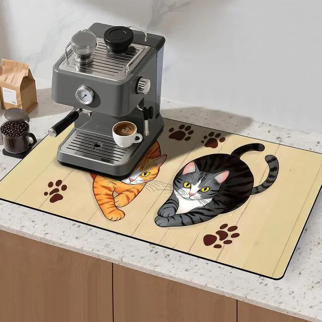 Alt view image 2 of 7 - BVBOX 17"x 32" Coffee Bar Mat, Cats Absorbent Dish Drying Mat Cuttable Hide Stain Draining Table Pad for Kitchen Counter, Coffee Bar Accessories