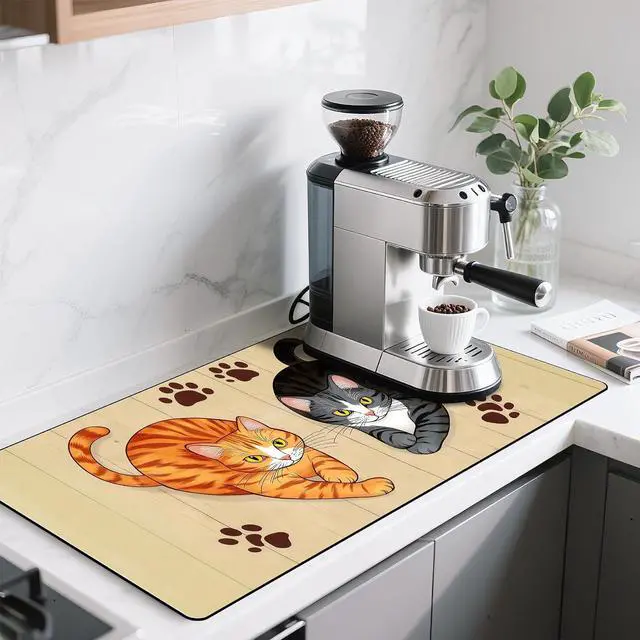 Main image of BVBOX 17"x 32" Coffee Bar Mat, Cats Absorbent Dish Drying Mat Cuttable Hide Stain Draining Table Pad for Kitchen Counter, Coffee Bar Accessories