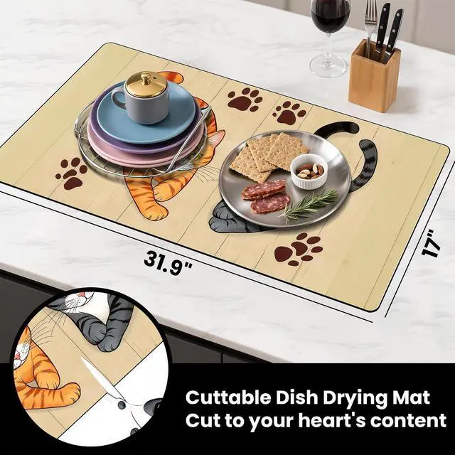 Alt view image 3 of 7 - BVBOX 17"x 32" Coffee Bar Mat, Cats Absorbent Dish Drying Mat Cuttable Hide Stain Draining Table Pad for Kitchen Counter, Coffee Bar Accessories