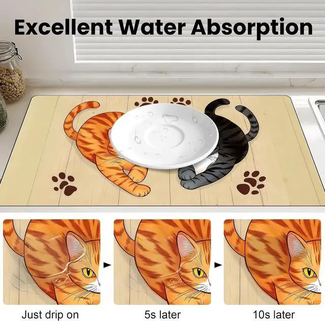 Alt view image 5 of 7 - BVBOX 17"x 32" Coffee Bar Mat, Cats Absorbent Dish Drying Mat Cuttable Hide Stain Draining Table Pad for Kitchen Counter, Coffee Bar Accessories