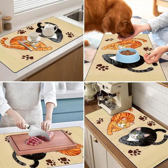 Alt view image 6 of 7 - BVBOX 17"x 32" Coffee Bar Mat, Cats Absorbent Dish Drying Mat Cuttable Hide Stain Draining Table Pad for Kitchen Counter, Coffee Bar Accessories