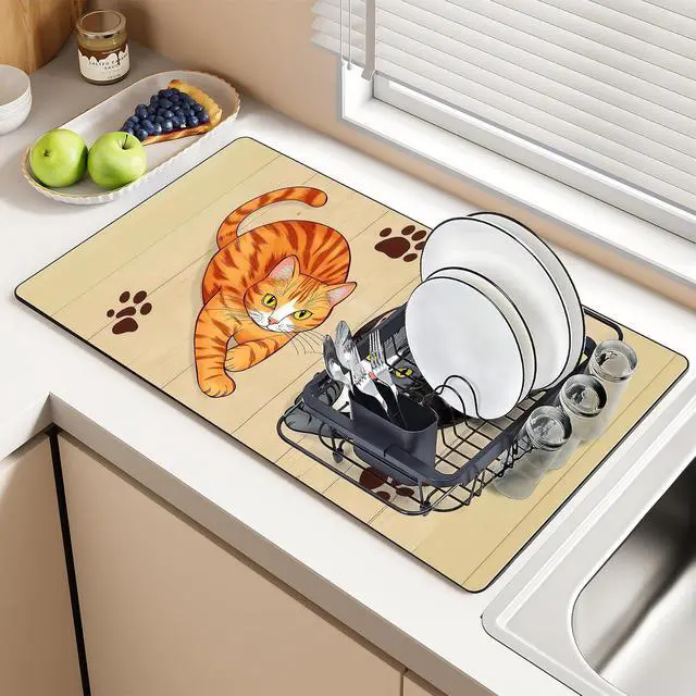 Alt view image 7 of 7 - BVBOX 17"x 32" Coffee Bar Mat, Cats Absorbent Dish Drying Mat Cuttable Hide Stain Draining Table Pad for Kitchen Counter, Coffee Bar Accessories