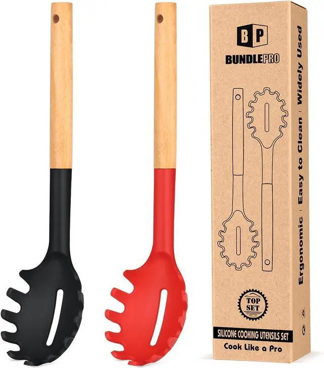 Main image of Pack of 2 Spaghetti Spoon, Silicone Pasta Fork with Wooden Handle, Heat Resistant Noodle Spoon Server, BPA Free Spaghetti Strainer(BLACK-RED)